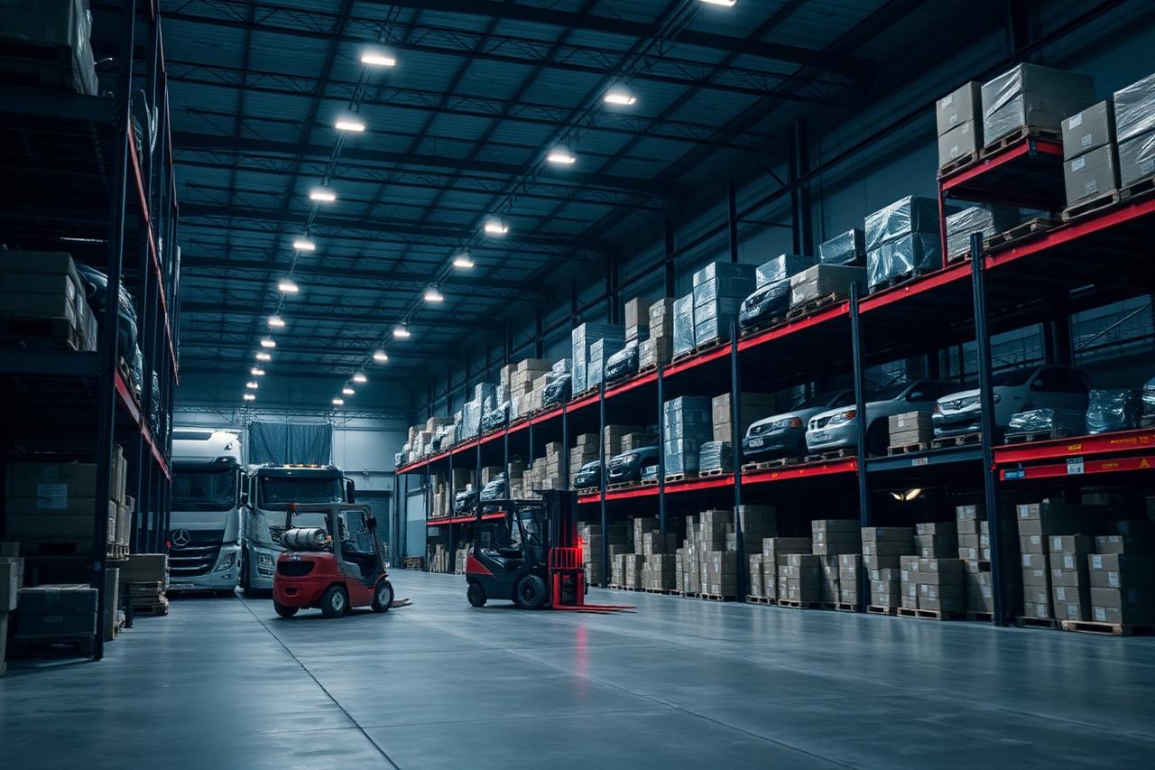 Centro de distribuição de autopeças com caminhões e empilhadeiras
