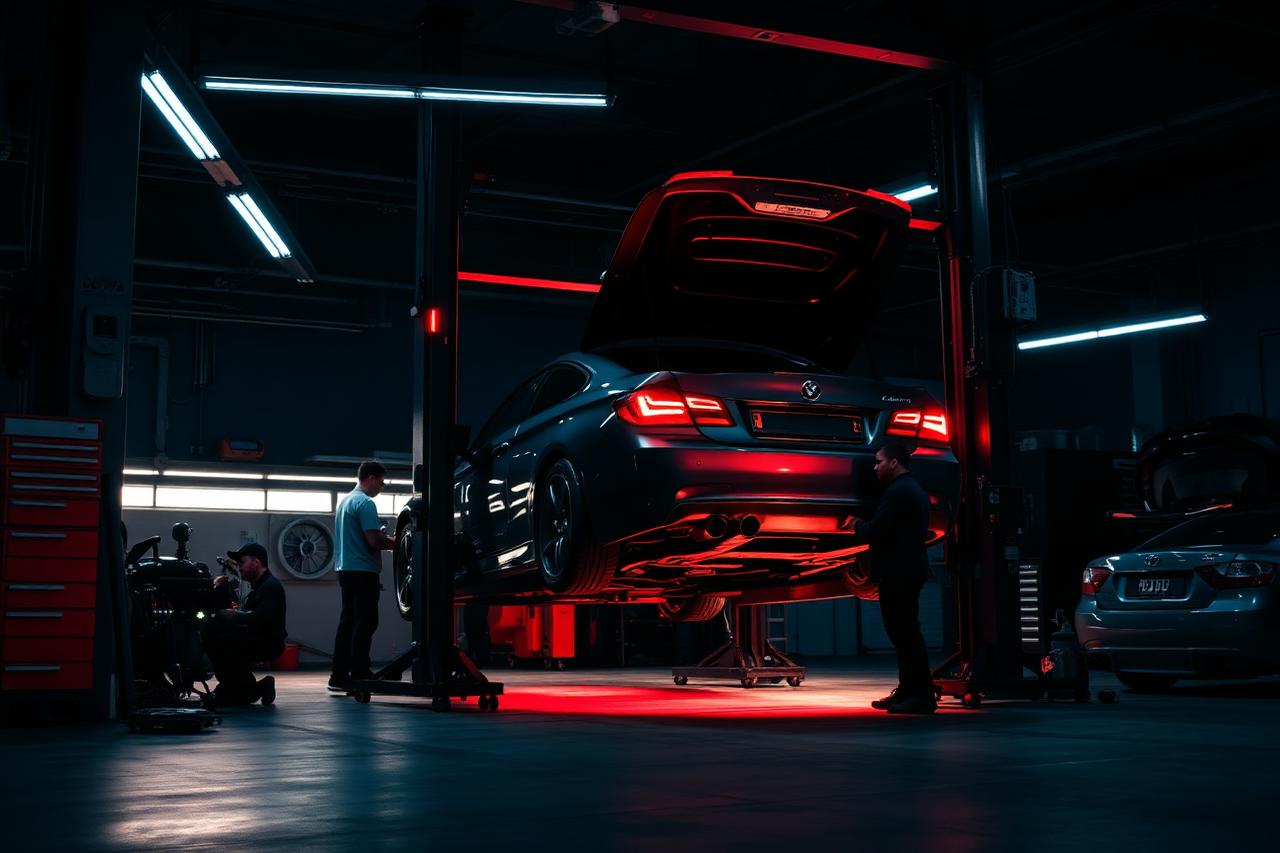 Equipe técnica trabalhando em um centro automotivo